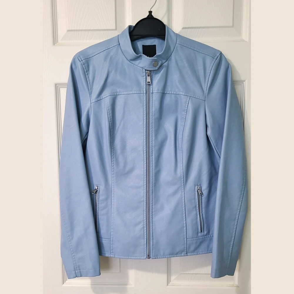 Faux leather moto jacket in light blue 💙